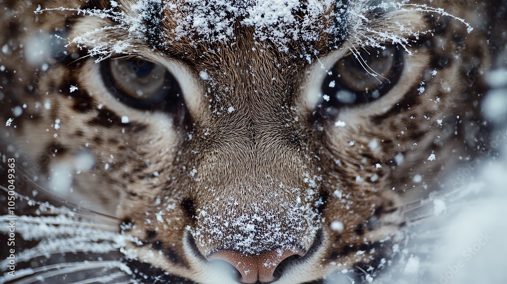 Snow-covered leopard staring intensely. Snow-covered leopard staring intensely.
