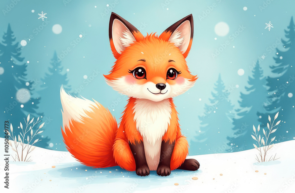 Fototapeta premium Baby fox on a winter background. Illustration, postcard