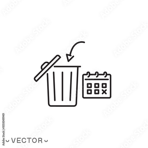 date to dispose of the spoiled product icon, the expiration time has expired, trash can and calendar, container bin for trash, thin line symbol isolated on white background, eps 10 vector