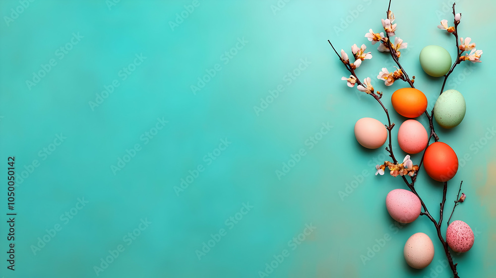 Easter Eggs on Branch with Flowers on Teal Background, spring, holiday, celebration, festive, decoration Easter Eggs on Branch with Flowers on Teal Background, spring, holiday, celebration, festive, decoration