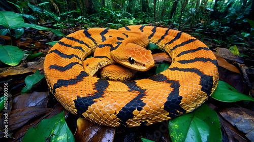 A Beautiful Gaboon Viper Coiled in Its Natural Rainforest Habitat, Exhibiting Breathtaking Patterns and Camouflage photo