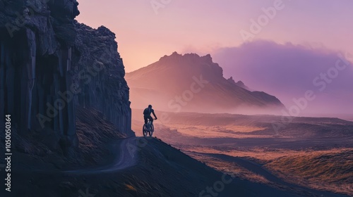 Icelandic Trail Adventure: High-Performance Bike Against Basalt Columns, Misty Valley, and Twilight Sky - Photorealistic Landscape Photography. photo