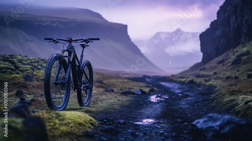 Icelandic Trail Adventure: High-Performance Bike Against Basalt Columns, Misty Valley, and Twilight Sky - Photorealistic Landscape Photography. photo