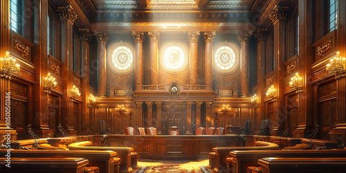 Justice courtroom empty with wooden interior vintage traditional design. photo