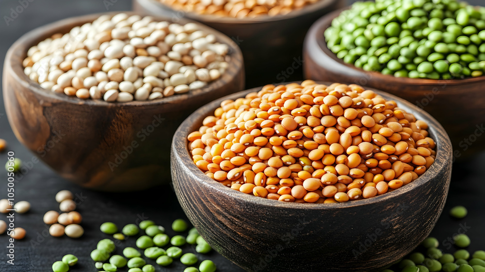 Assorted Lentils in Wooden Bowls, red lentils, green lentils, brown lentils, yellow lentils, legumes Assorted Lentils in Wooden Bowls, red lentils, green lentils, brown lentils, yellow lentils, legumes