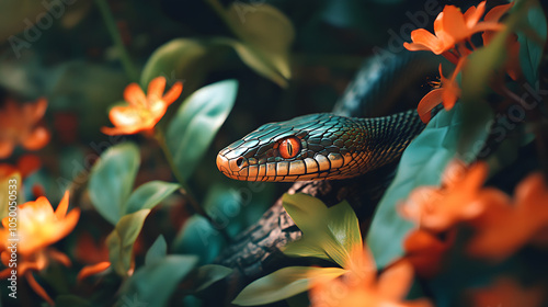 The Serene Posture of a Boomslang Basking Among Colorful Flowers and Natural Habitat photo