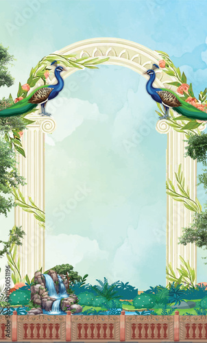 Adobe Illustrator ArtworkTraditional Mughal garden, arch, peacock, plant and bird illustration, Vector illustration of temple, arch with column, tropical plant, peacock