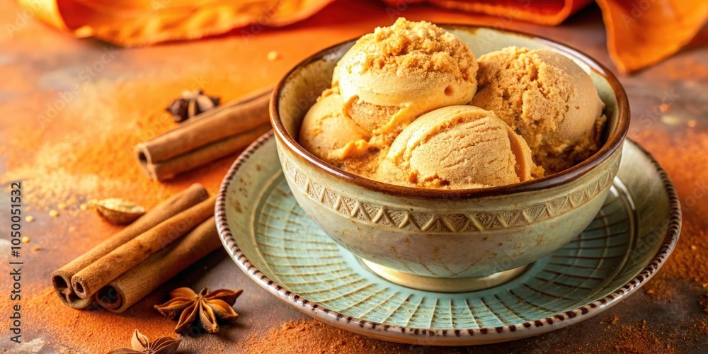 Aromatic Cinnamon Ice Cream Scoops Served in a Rustic Bowl with a Side of Cinnamon Sticks and Star Anise Aromatic Cinnamon Ice Cream Scoops Served in a Rustic Bowl with a Side of Cinnamon Sticks and Star Anise