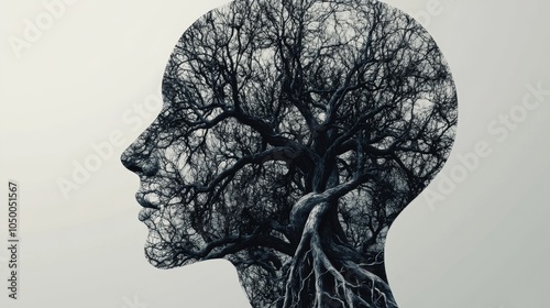 An abstract representation of the vagus nerve, tree-like branches extending through the human body, blending the anatomy with natural elements, symbolizing growth and healing
