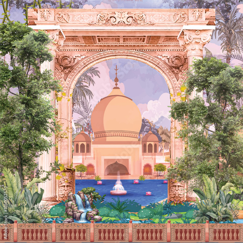 Adobe Illustrator ArtworkIllustration of Indian Mughal architecture with arch, dome, garden, peacock, and parrot plant, traditional mughal garden, mughal colorful decorative arch plant 
