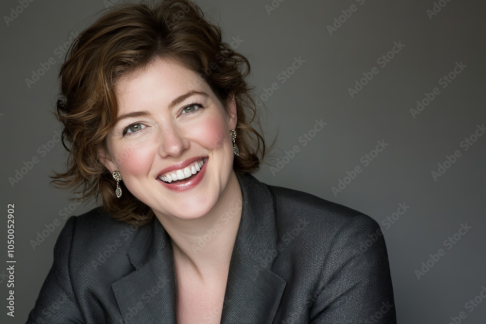 Fototapeta premium Joyful Woman Smiling, Authentic Expression, Happiness, Confidence, Studio Portrait, Cheerful Laughter, Natural Beauty, Positive Emotion, Radiant Smile, Vibrant Personality