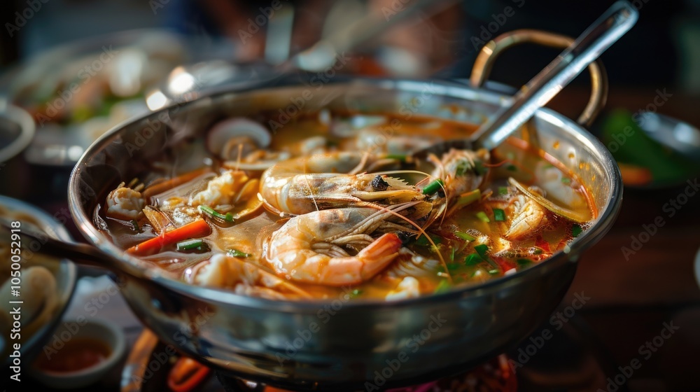 Large bowl of soup with shrimp and vegetables. The soup is steaming and has a rich, savory flavor Large bowl of soup with shrimp and vegetables. The soup is steaming and has a rich, savory flavor