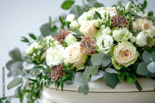 White and green flower arrangement sits on a white table. The arrangement is made up of white and green flowers, with the green flowers being the dominant color. The arrangement is simple