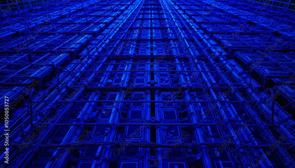 Obraz premium The captivating sight showcases a tall architectural structure bathed in shades of blue, highlighting its geometric patterns and electrical design elements under night lighting