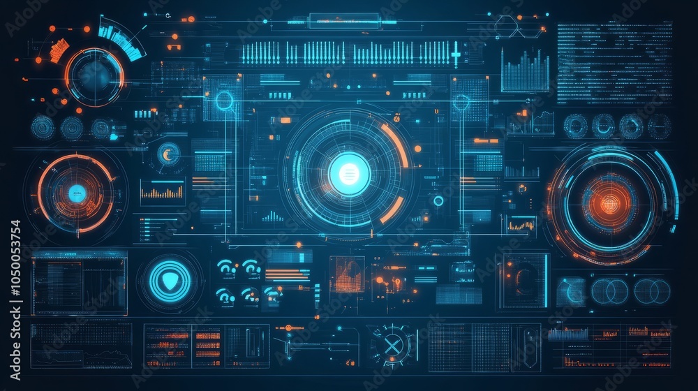 Futuristic Digital Interface with Interactive Elements and Data Visualization
