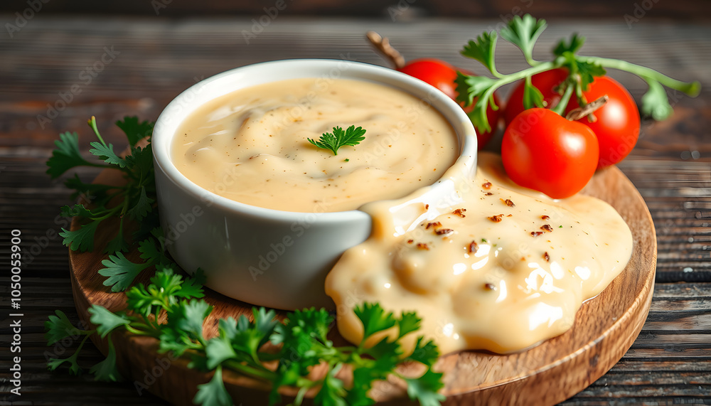 Tasty cheese sauce, pepper and parsley on wooden table, flat lay. Space for text isolated with white highlights, png Tasty cheese sauce, pepper and parsley on wooden table, flat lay. Space for text isolated with white highlights, png