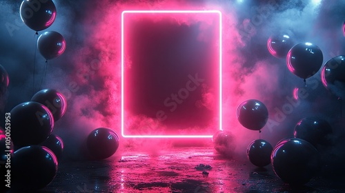 Glowing pink neon square frame with black reflective balloons and smoky background. Futuristic digital art style for banner, wallpaper, poster, or social media design