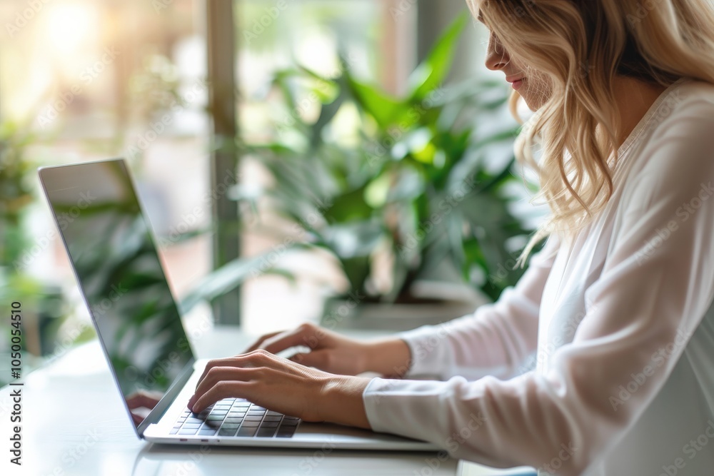 Focused on her laptop, a woman works diligently in a serene environment filled with natural light and plants, embodying productivity and tranquility. Focused on her laptop, a woman works diligently in a serene environment filled with natural light and plants, embodying productivity and tranquility.