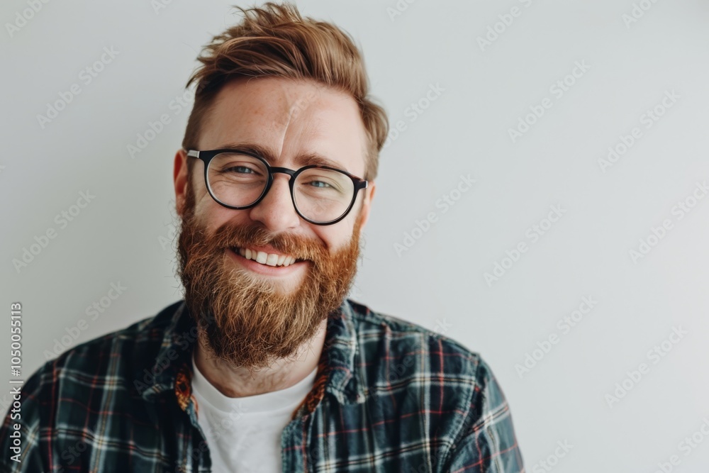 A young bearded man wearing glasses and a plaid shirt smiles warmly, exuding contentment and friendliness, with a simple neutral background behind. A young bearded man wearing glasses and a plaid shirt smiles warmly, exuding contentment and friendliness, with a simple neutral background behind.