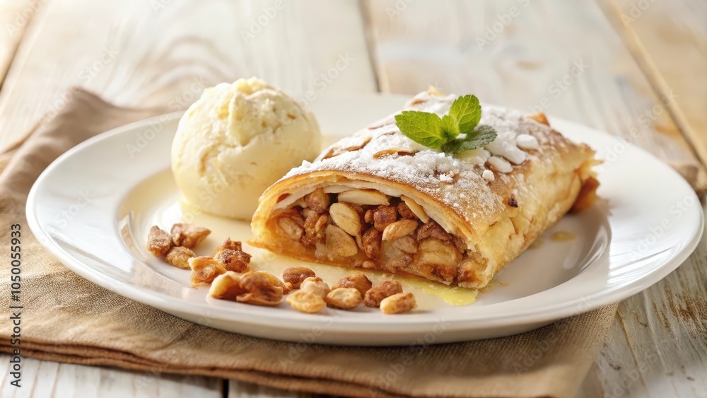 A delicious apple strudel topped with powdered sugar, a scoop of vanilla ice cream, and a fresh sprig of mint on a white plate, surrounded by scattered nuts A delicious apple strudel topped with powdered sugar, a scoop of vanilla ice cream, and a fresh sprig of mint on a white plate, surrounded by scattered nuts