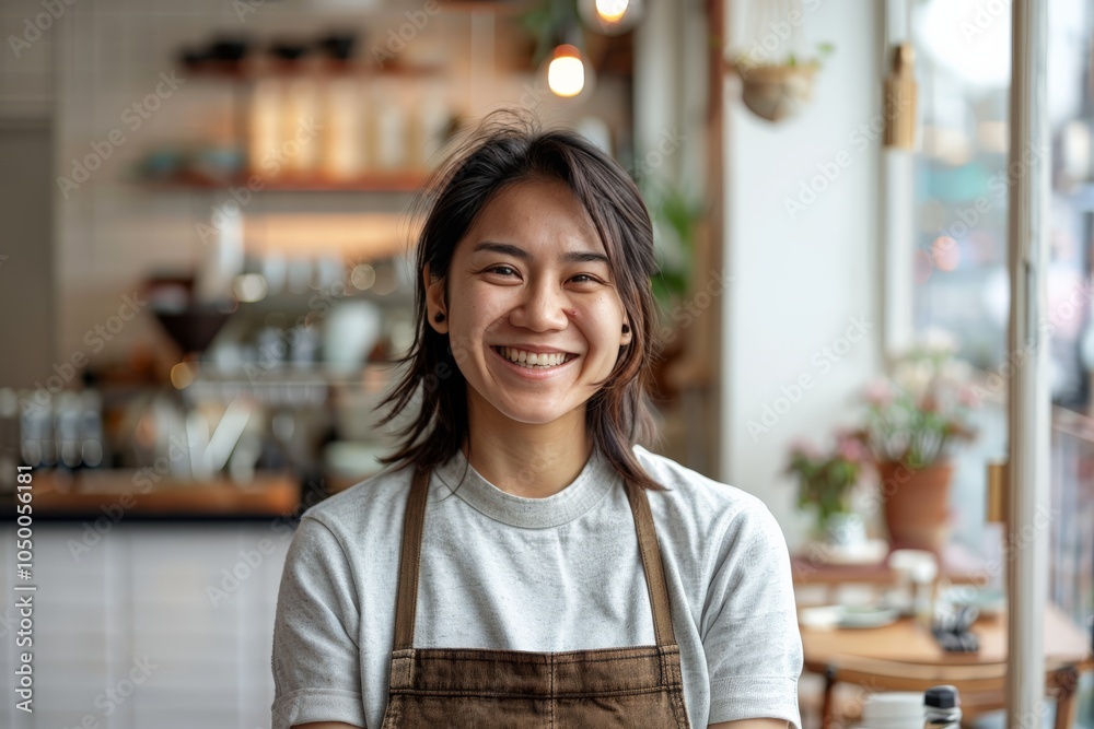 A cheerful barista stands smiling in a cozy café, exuding a warm and welcoming atmosphere with soft lighting and a selection of coffee equipment in the background. A cheerful barista stands smiling in a cozy café, exuding a warm and welcoming atmosphere with soft lighting and a selection of coffee equipment in the background.