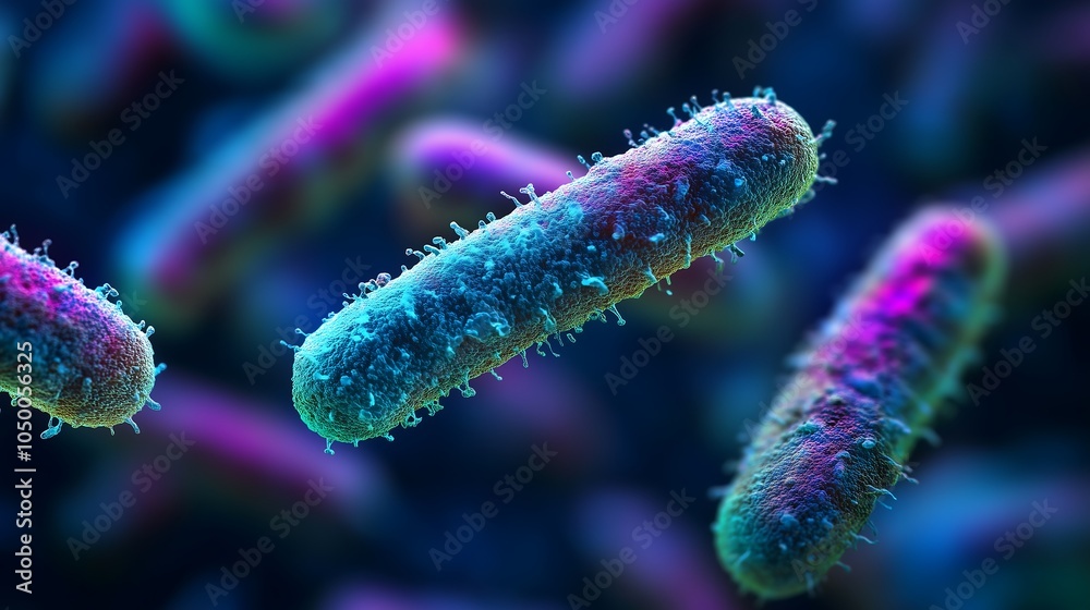 Naklejka premium A close-up 3D illustration of bacteria with vibrant colors and complex textures, showcasing various cell shapes of the microscopic world of microbiology.