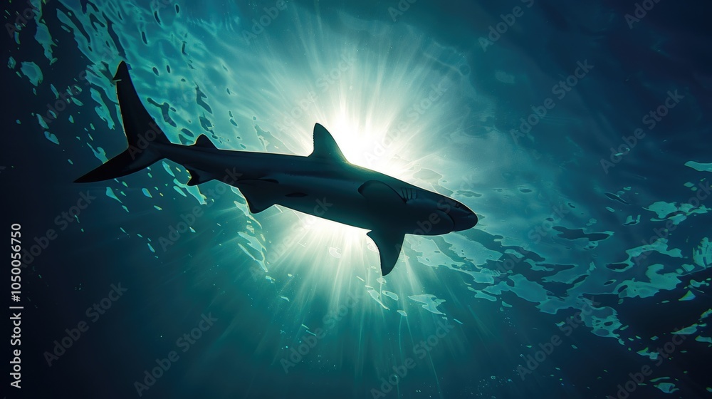 Obraz premium Shark is swimming in the ocean with the sun shining on it. Concept of freedom and power, as the shark moves through the water with grace and strength