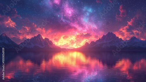 A vibrant sunset over mountains and a reflective lake, showcasing a cosmic sky.