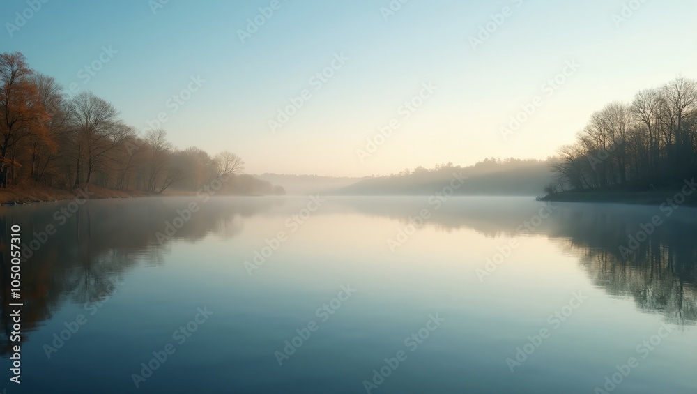 Fototapeta premium Tranquil lake at dawn reflecting sky and trees