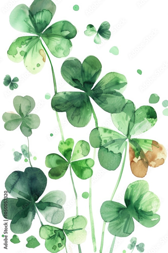 Fototapeta premium Painting of green clovers with brown spots. The painting is full of life and energy. The clovers are arranged in a way that creates a sense of movement and growth