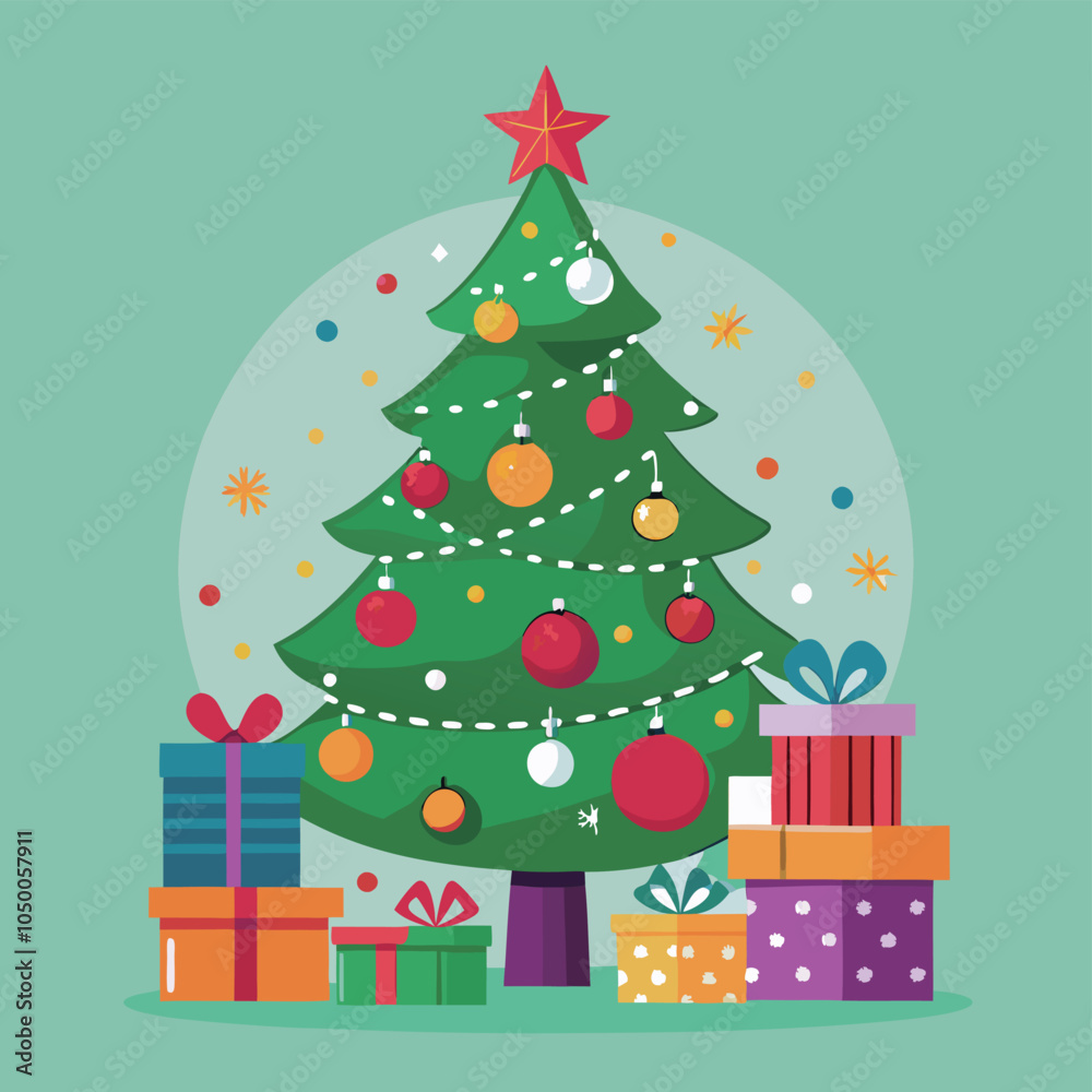Naklejka premium Christmas Tree Decorated with Ornaments and Gifts AI generated