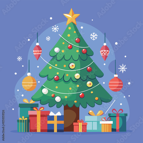 Christmas Tree Decorated with Ornaments and Gifts AI generated