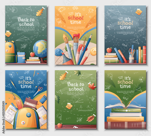 School banners set. Back to school, knowledge, education. Postcard with school board and chalk lettering. Posters with school textbooks, books, backpack, paints. Vector set of a4 size flyers