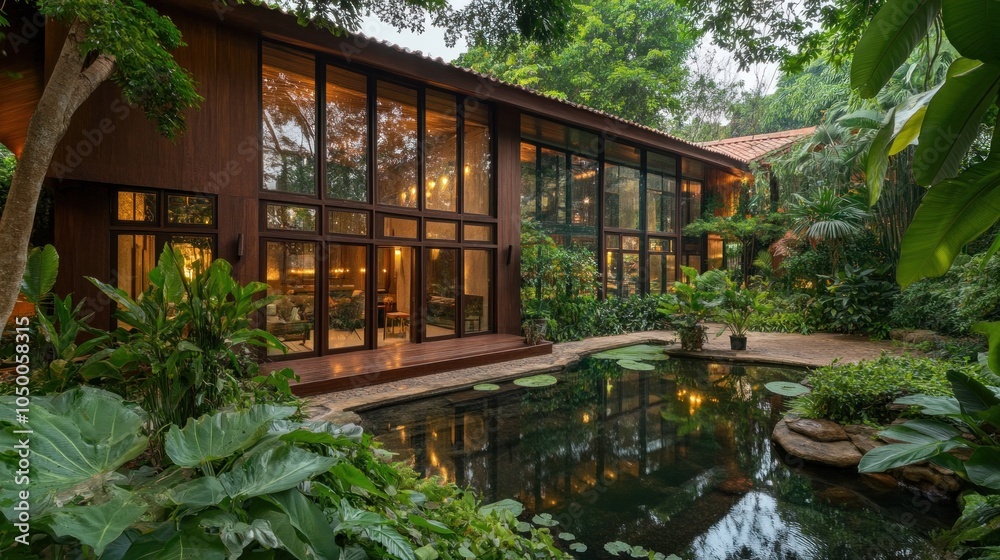 Modern sustainable building with large glass windows, surrounded by greenery and a pond. Modern sustainable building with large glass windows, surrounded by greenery and a pond.