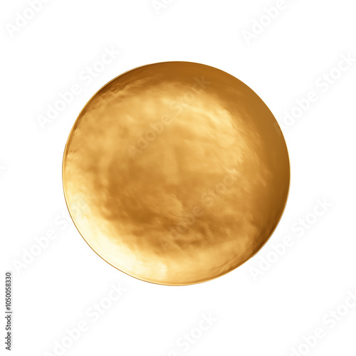 A handmade gold plate rests on a wooden table, top view