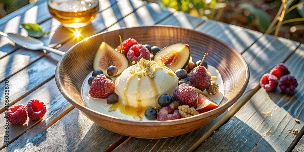 A close-up of a creamy dessert topped with fresh fruit, a delightful summer treat served on a wooden table A close-up of a creamy dessert topped with fresh fruit, a delightful summer treat served on a wooden table