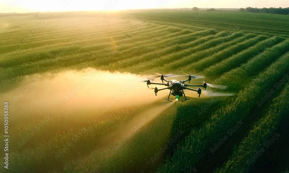 Drone flying over a green field with golden sunlight and fog. Drone flying over a green field with golden sunlight and fog.