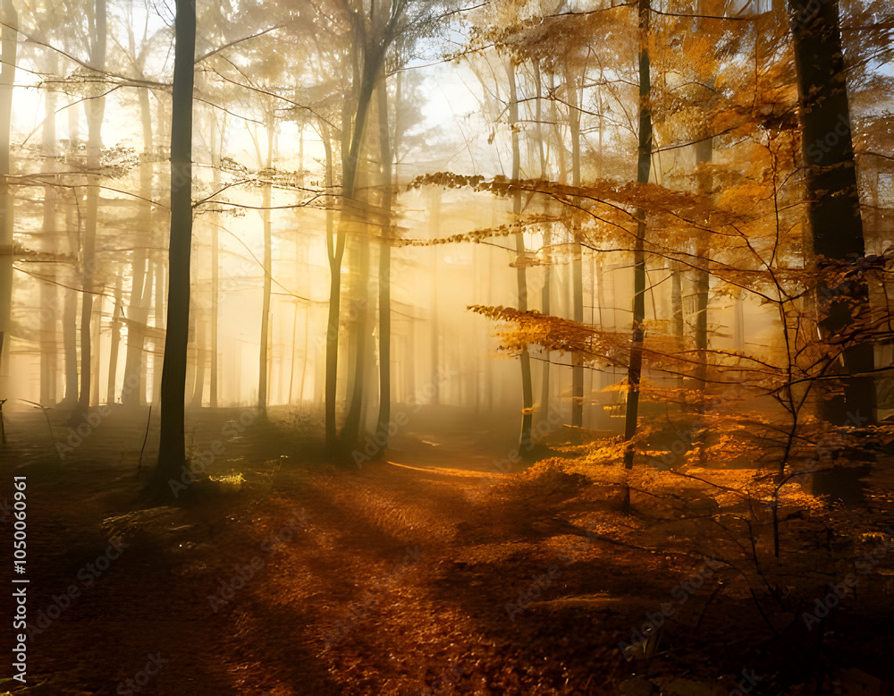 Obraz premium Misty autumn forest morning, the warm color palette of the autumn nature