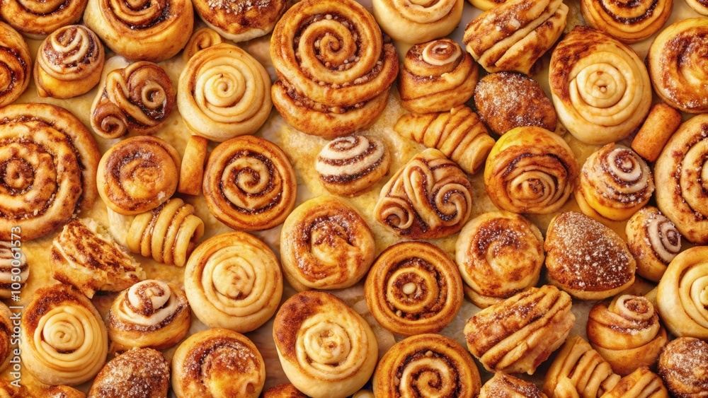 Fototapeta premium A close-up of a variety of freshly baked pastries with a sweet cinnamon glaze, capturing the textures and golden hues of the delicious treats.