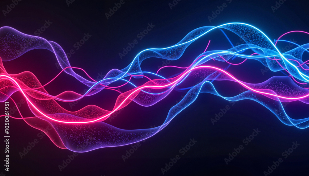 Flowing light waves in vibrant shades of pink and blue create an enchanting visual display. The dynamic patterns evoke a sense of energy and movement at night