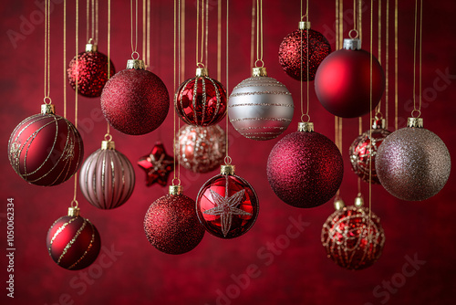 Luxurious red Christmas ornaments elegantly arranged on a crimson background, perfect for festive designs, holiday cards, and Christmas event promotions.