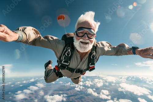 An elderly man with a big smile takes a leap into the sky, skydiving with full gear, radiating excitement and adventurous spirit against a backdrop of clouds. photo