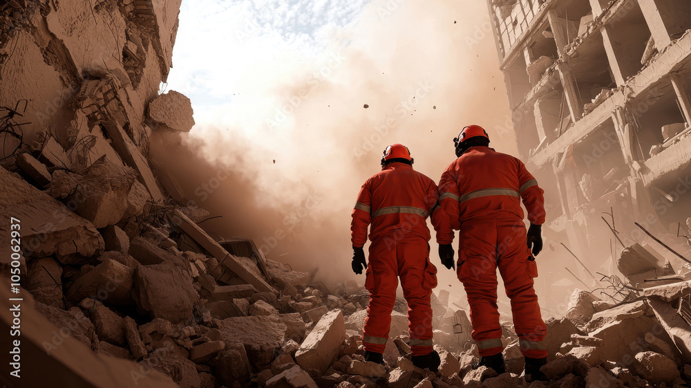 Fototapeta premium Rescue workers surveying a disaster site amidst rubble and dust.