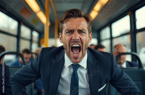 aggression one man Frustrated businessman yelling on busy public transportation commute