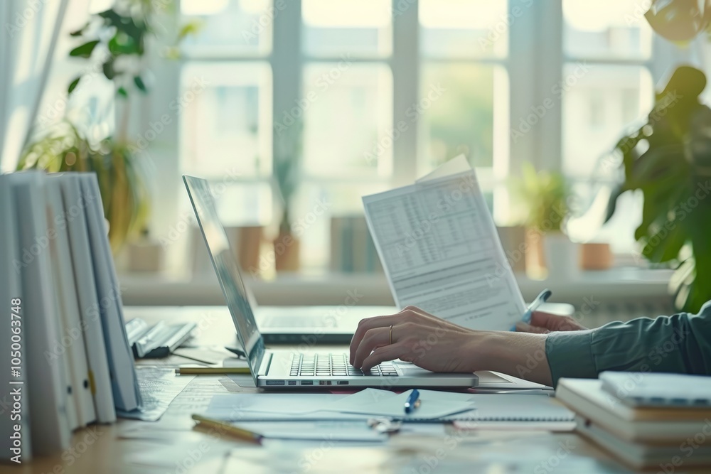 Close-up of hands focused on analyzing financial documents using a laptop in an office setting, representing finance, analysis, and business management. Close-up of hands focused on analyzing financial documents using a laptop in an office setting, representing finance, analysis, and business management.