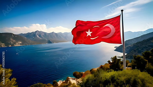 red flag features star crescent mediterranean sea mountain landscape background