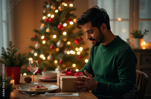 Holiday gift joy: man opening present by christmas tree for seasonal celebrations photo