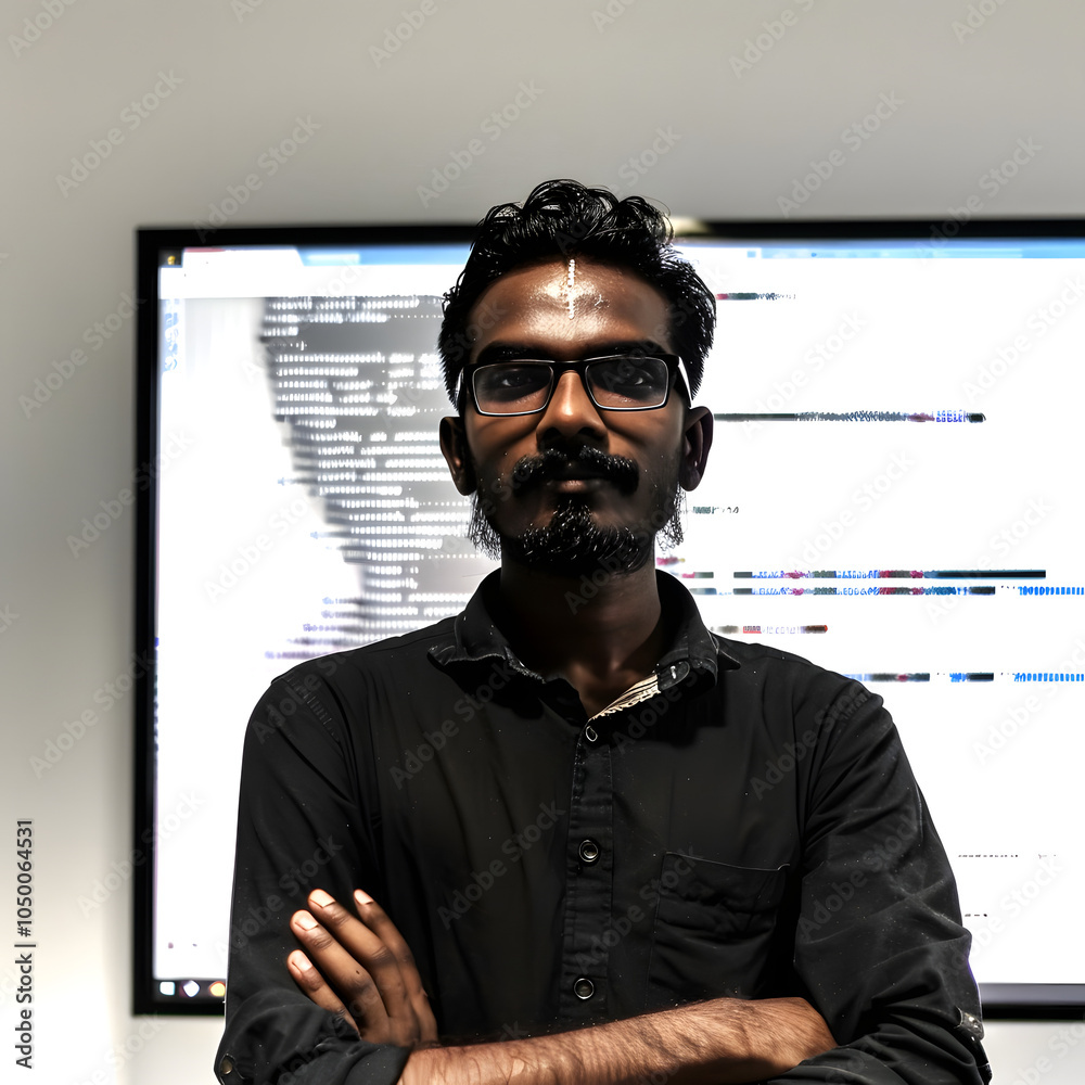 indian man programmer standing in front of a screen with code projected ...