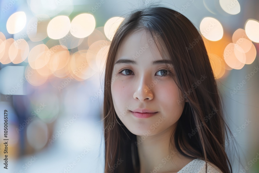 A young woman stands serenely against a bokeh background, conveying an air of calm and introspection. Her peaceful demeanor suggests inner tranquility. A young woman stands serenely against a bokeh background, conveying an air of calm and introspection. Her peaceful demeanor suggests inner tranquility.