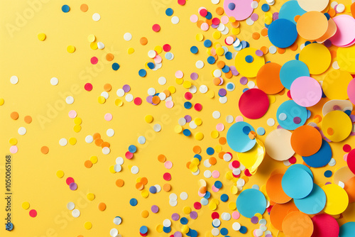 Abstract festive yellow wallpaper with confetti. Background, illustration. Celebration, party, holiday.